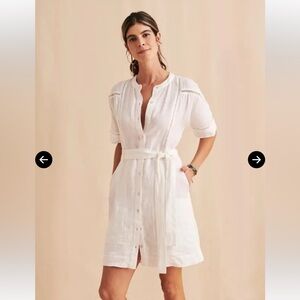 NWT Faherty Linen Shirt Dress White Belted Lattice Detail Mini XS Coastal Chic